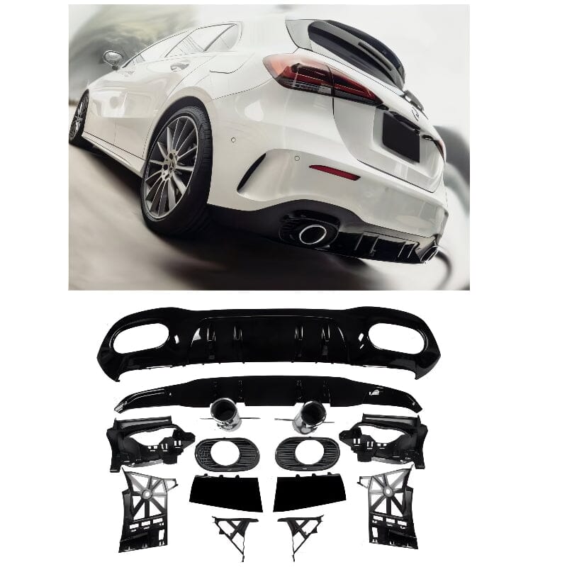Mercedes A-Klasse W177 Kompaktlimousine Diffusor+ Auspuffblenden 2x1 (Chrom) AMG Optik RSHOP