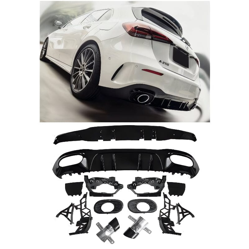 Mercedes A-Klasse W177 Kompaktlimousine Diffusor+ Auspuffblenden 2x1 (Schwarz) AMG Optik RSHOP