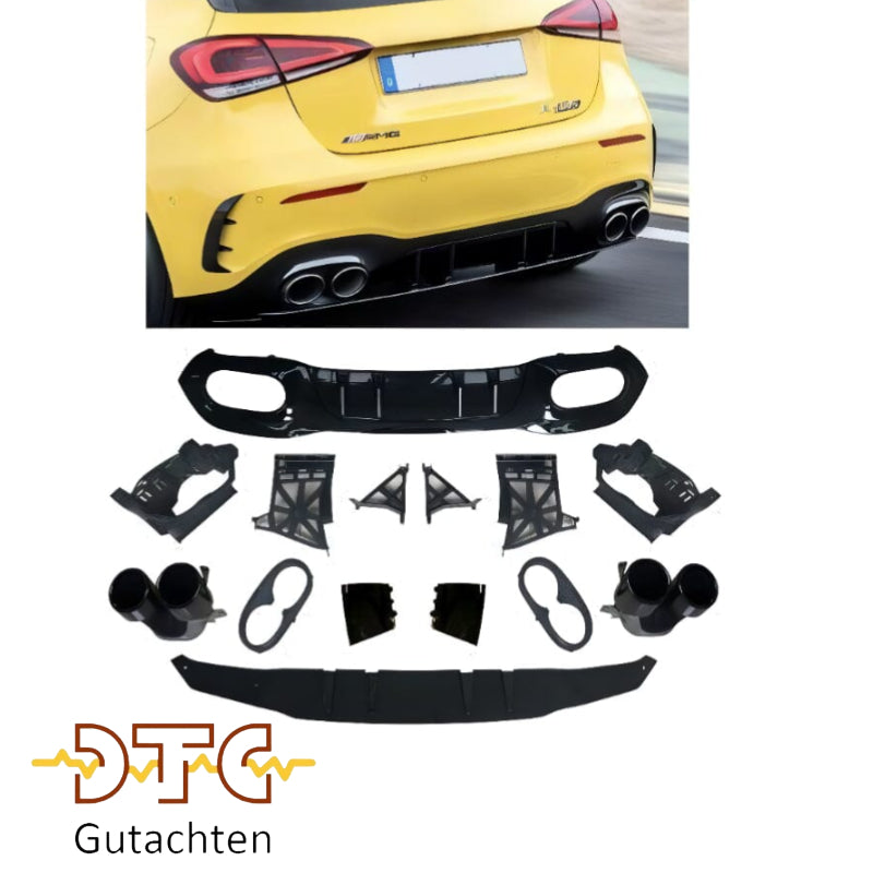 Mercedes A-Klasse W177 Kompaktlimousine - Diffusor + Auspuffblenden 2X2 Schwarz AMG Optik