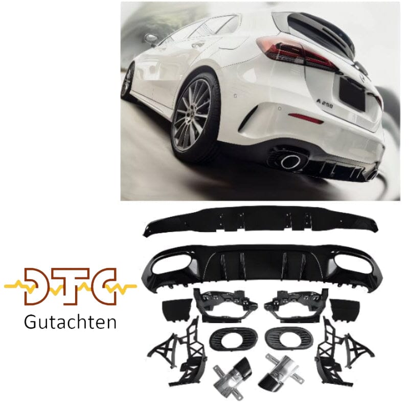 Mercedes A-Klasse W177 Kompaktlimousine Diffusor+ Auspuffblenden 2x1 (Schwarz) AMG Optik BestTuning 
