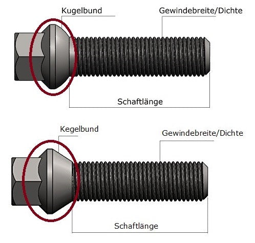 Radschrauben mit Kugelbund, Kegelbund, Gewindebreite und Schaftlänge